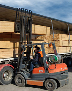 Forklift driver unloading timber